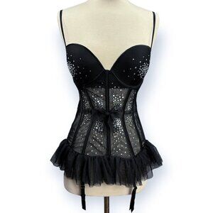 Victoria's Secret Black Ruffle Mesh Embellished Rhinestones Bustier Corset 34D
